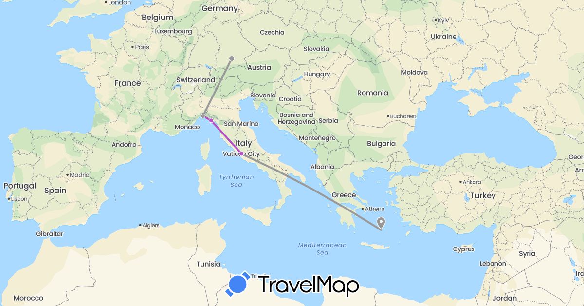 TravelMap itinerary: driving, plane, train in Germany, Greece, Italy (Europe)